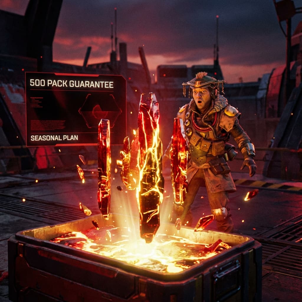 Apex Legends 500-pack pity timeline with seasonal event milestones and budget optimization diagram