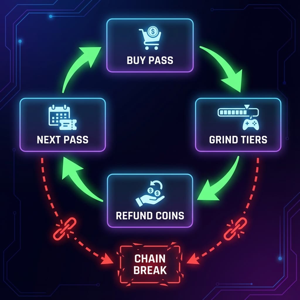 Battle pass refund coin flow diagram showing infinite chain mechanics with tier breakpoints, surplus accumulation, and chain-break failure scenarios