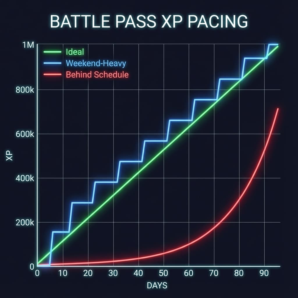 Battle pass XP pacing chart showing ideal linear progression, realistic weekend-heavy curve, and behind-schedule exponential catch-up requirements with checkpoint milestones