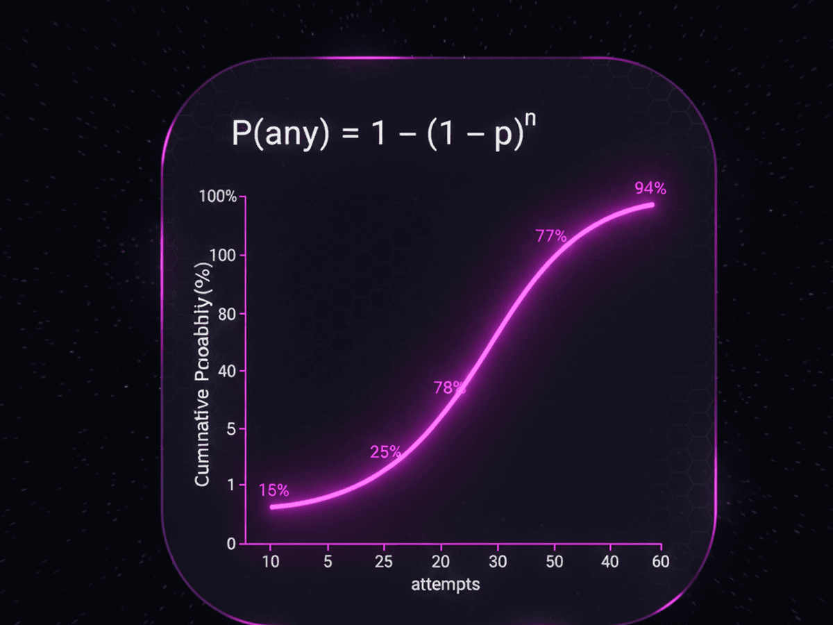 P(any) probability curve showing increasing chance of at least one drop over multiple attempts