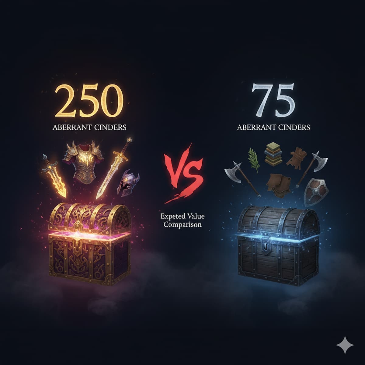 Helltide chest costs breakdown showing Mystery chest 250 cinders vs Tortured Gift 75 cinders with EV comparison
