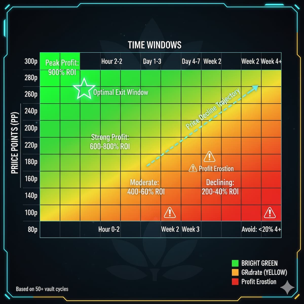 Heatmap visualization showing Prime Vault profit zones across different time windows and price points, with green high-profit zones (Hour 2-8, 250-300 plat range) and red low-profit zones (Week 4+, <80 plat range)