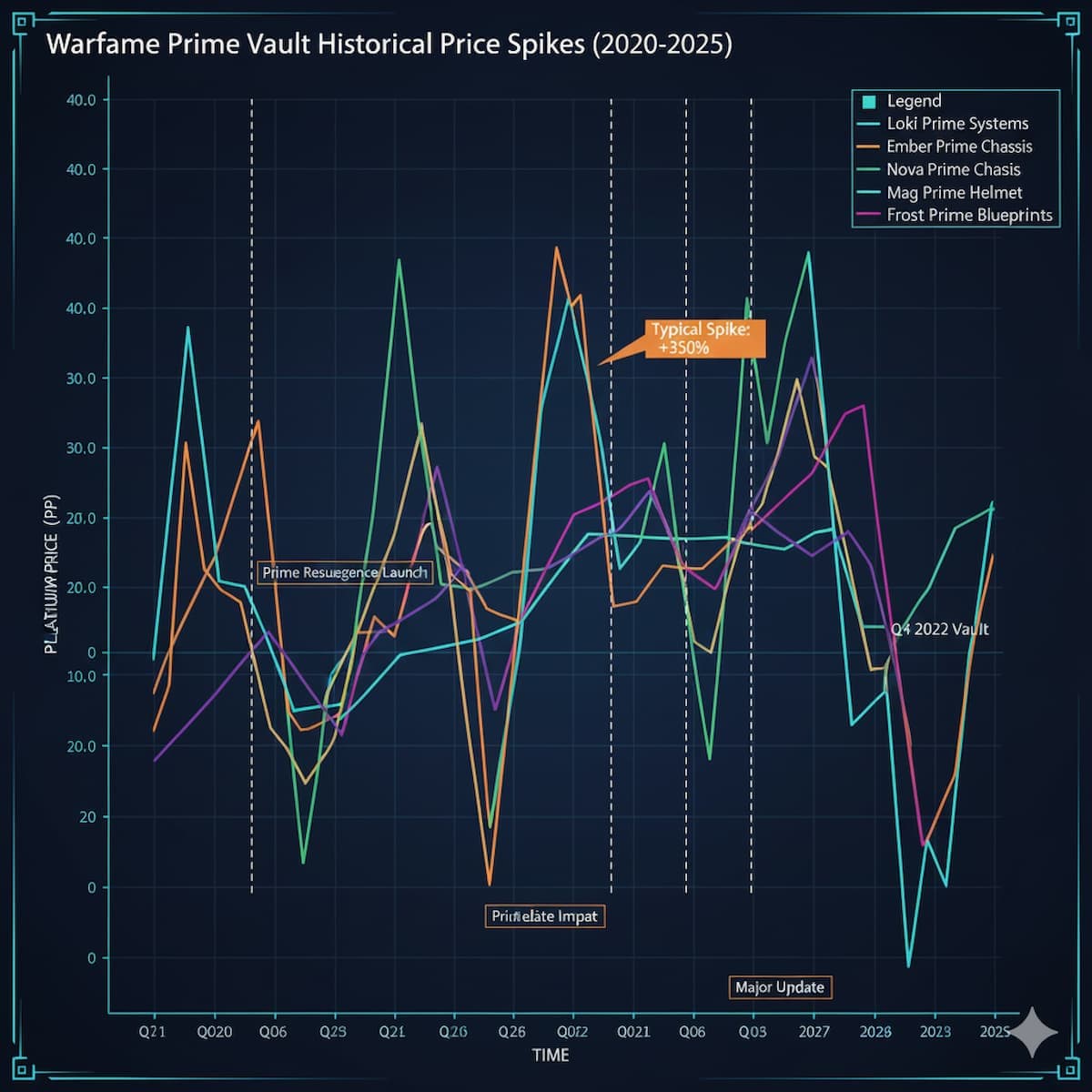 Historical price chart showing Loki Prime Systems and Ember Prime Chassis price evolution across multiple vault cycles from 2020-2025, with 300-500% spike patterns clearly visible at announcement dates