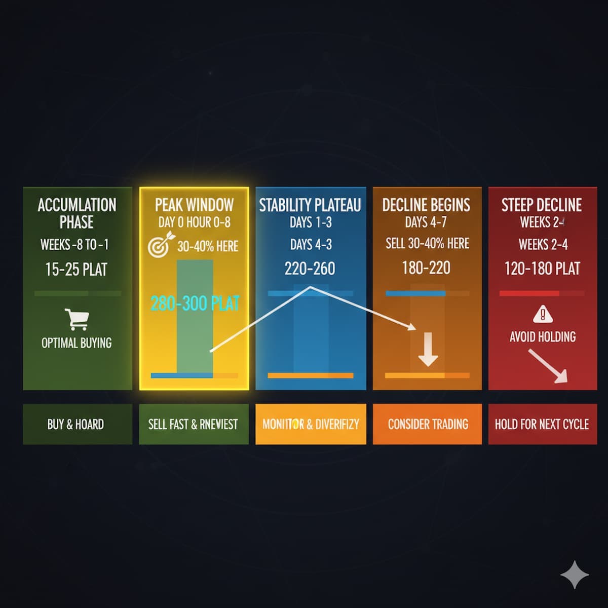 Week-by-week price tracking timeline showing typical vault cycle: 4-8 weeks pre-vault accumulation phase, announcement spike day, 1-week peak plateau, 4-8 week gradual decline to stabilized post-vault equilibrium
