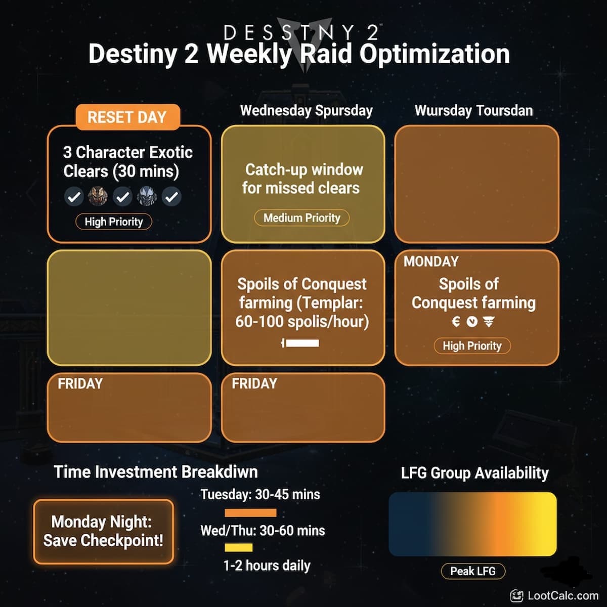Destiny 2 weekly reset optimization schedule showing optimal timing for three character raid clears, checkpoint saves before reset, and Spoils of Conquest farming windows throughout weekly cycle