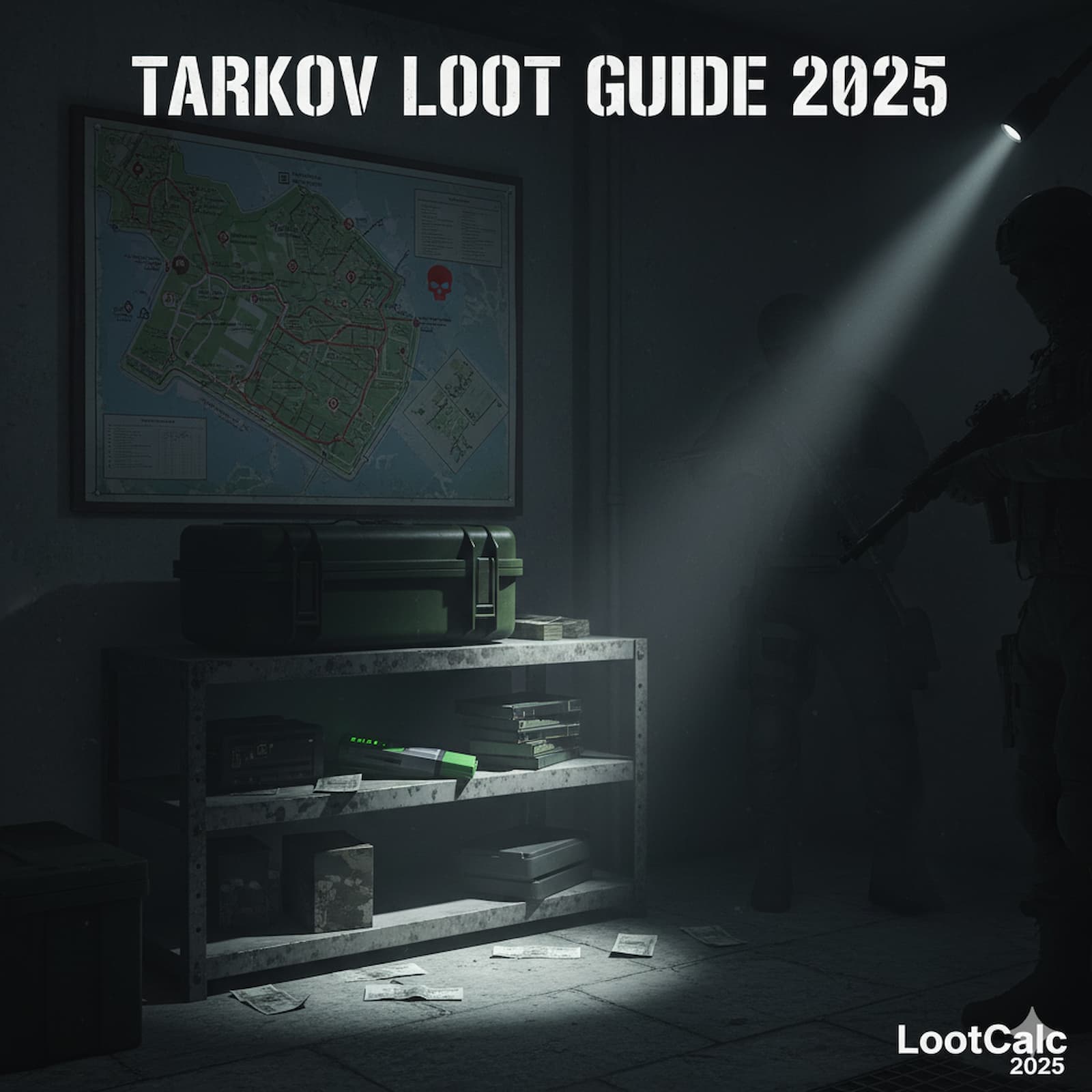 Escape from Tarkov PMC looting high-value items from marked room with tactical gear visible