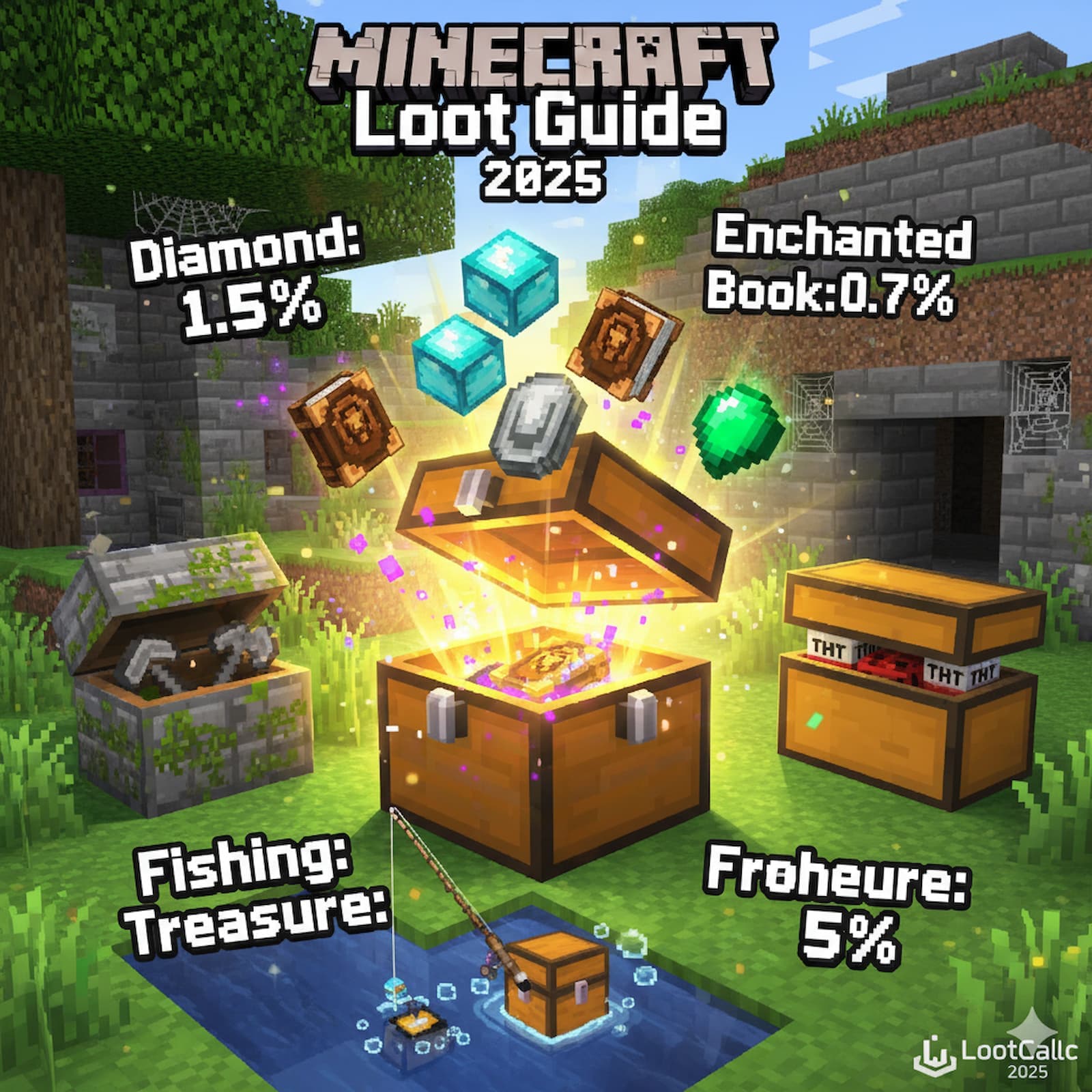 Minecraft player opening a treasure chest with enchanted items and valuable loot displayed
