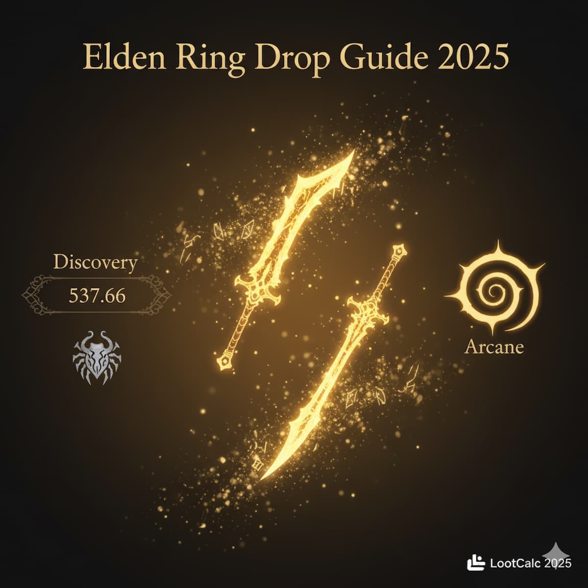 Elden Ring screenshot – calculate drop rates with Discovery optimization for rare weapons like Magma Blade, Banished Knight armor, and item farming efficiency