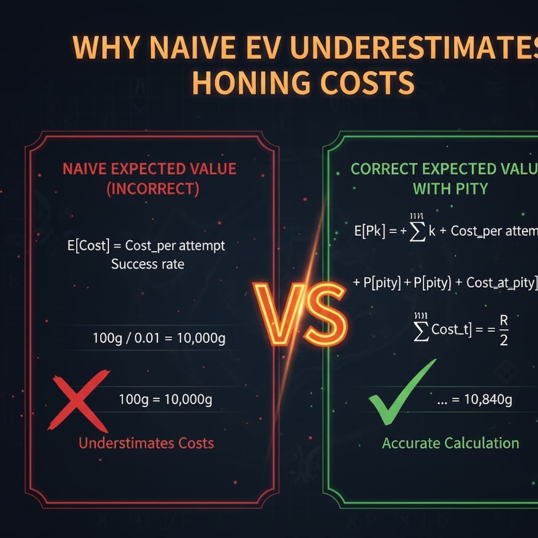 Comparison chart showing naive expected value vs correct expected value with pity across different success rates, demonstrating increasing cost underestimation at lower rates from 0% error at 60% to 40.7% error at 3%