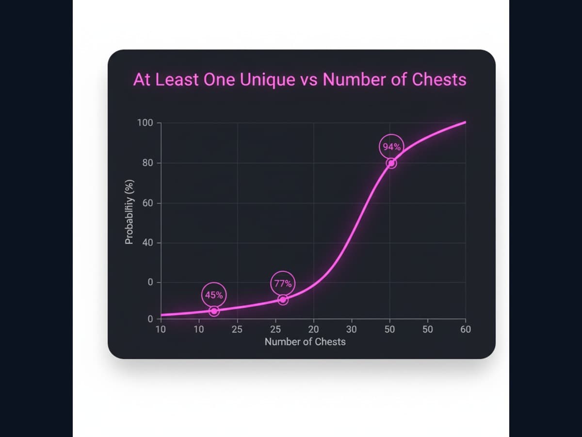 Cumulative probability of getting at least one unique as chests opened increases