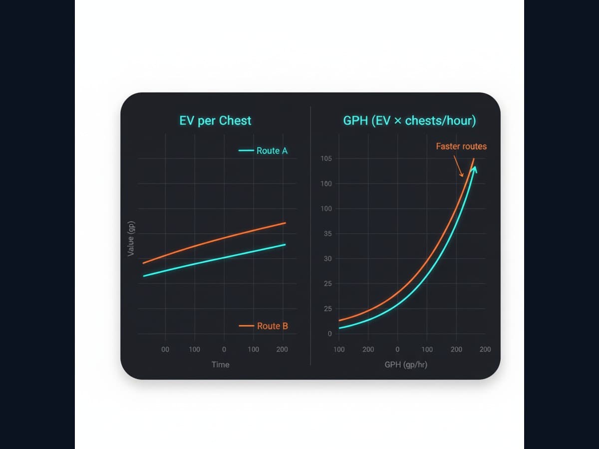 EV per chest vs GPH comparison chart showing how faster routes lift hourly returns