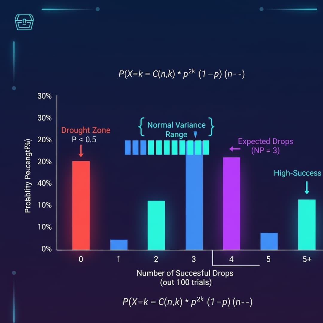 Binomial distribution probability visualization showing drop success likelihood across trials