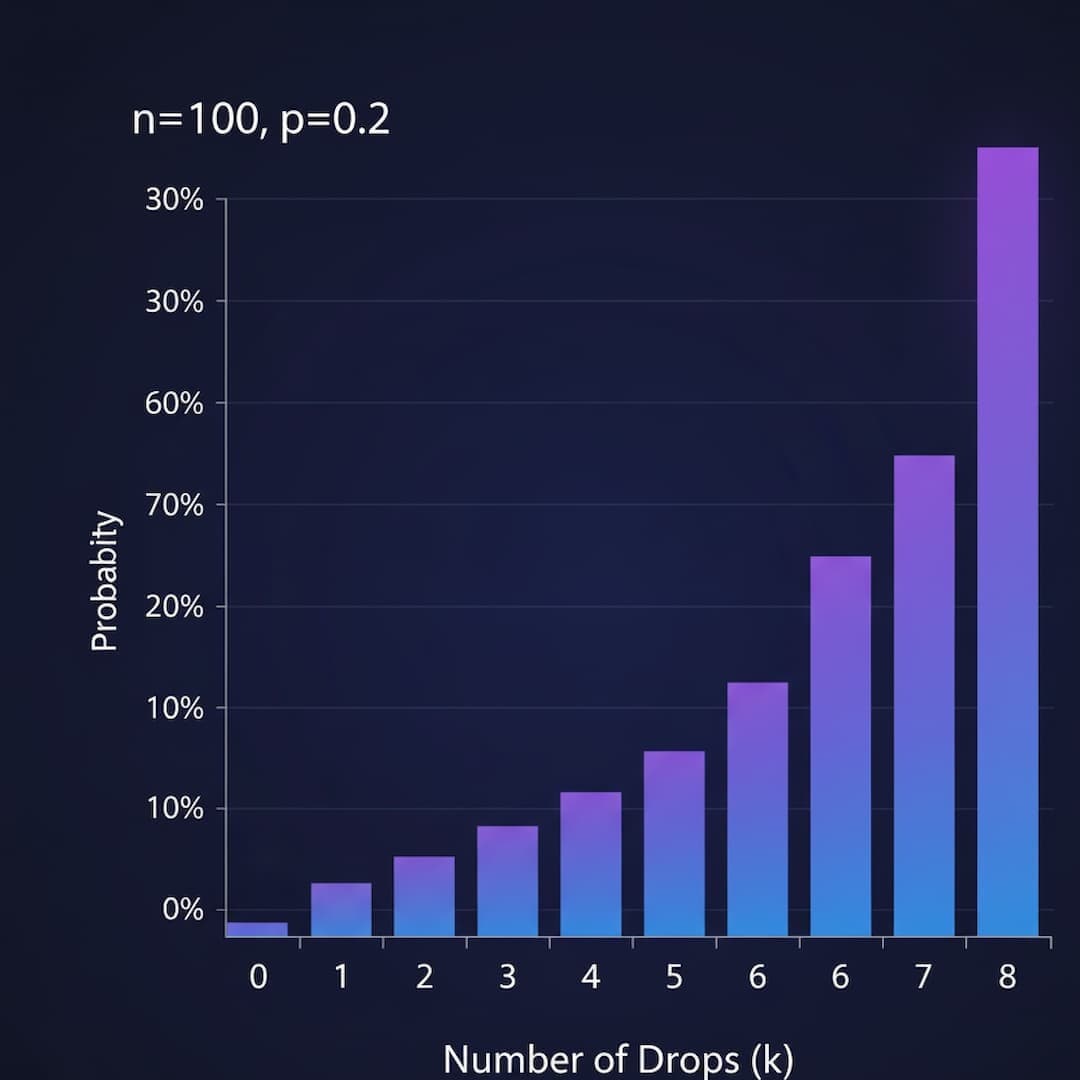 Binomial probability distribution showing drop rate variance and probability of k successes in n trials