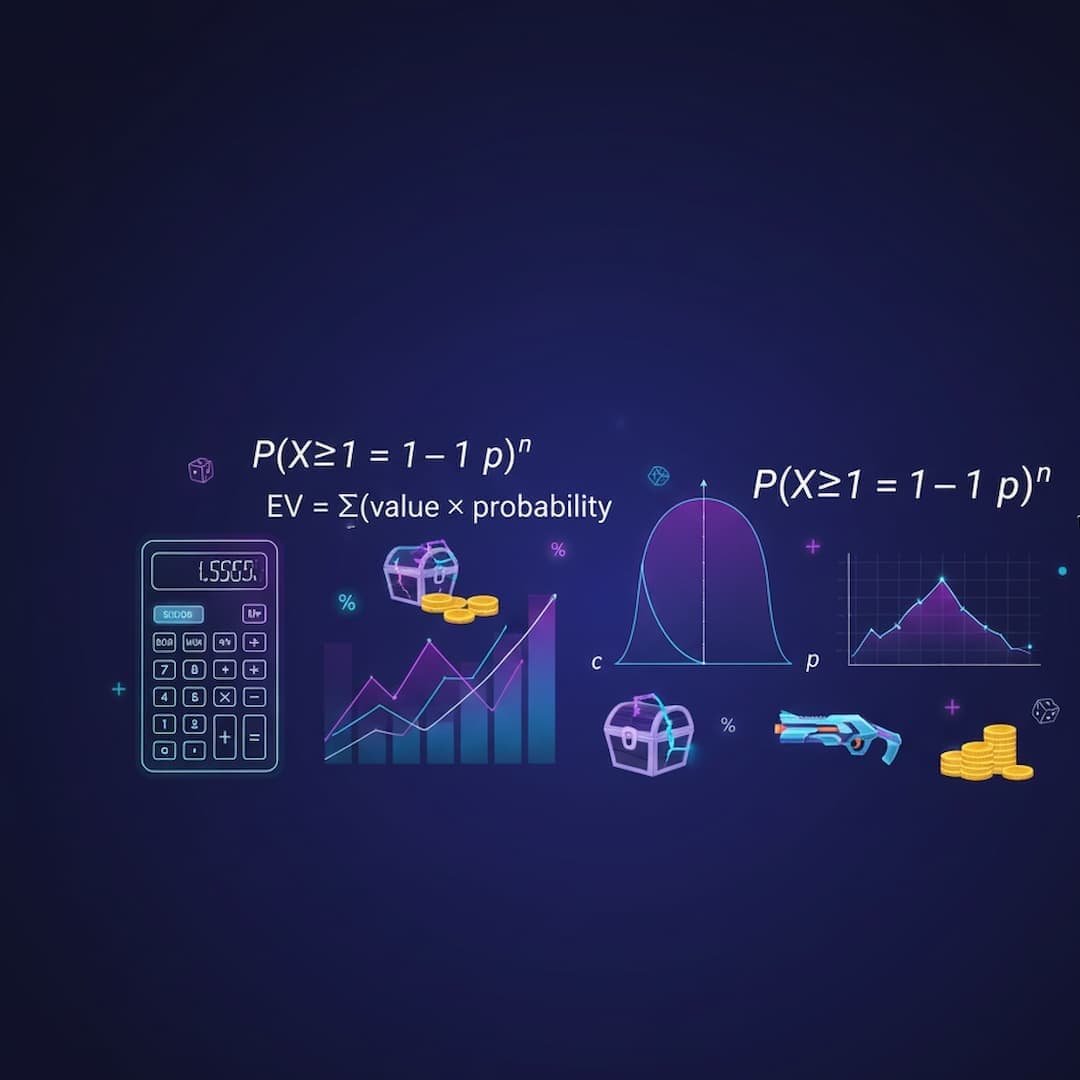 Drop rate mathematics in gaming showing probability curves, binomial distributions, and expected value calculations
