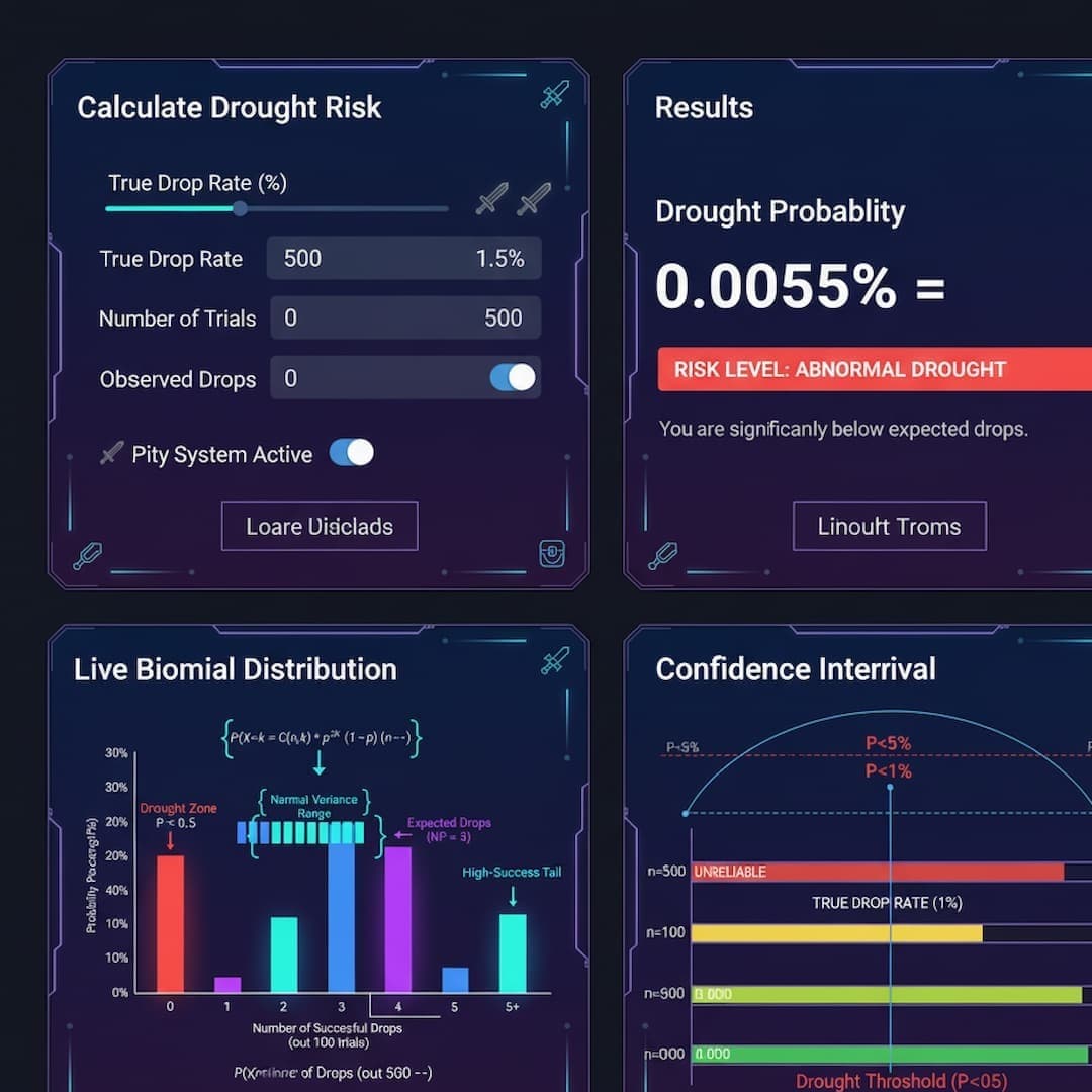 Drop rate probability calculator interface showing binomial analysis and confidence intervals