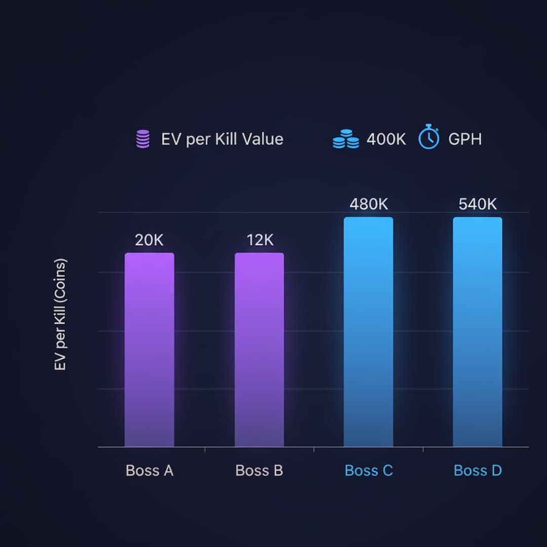 Expected value comparison chart showing EV per kill vs gold per hour optimization across different farming methods