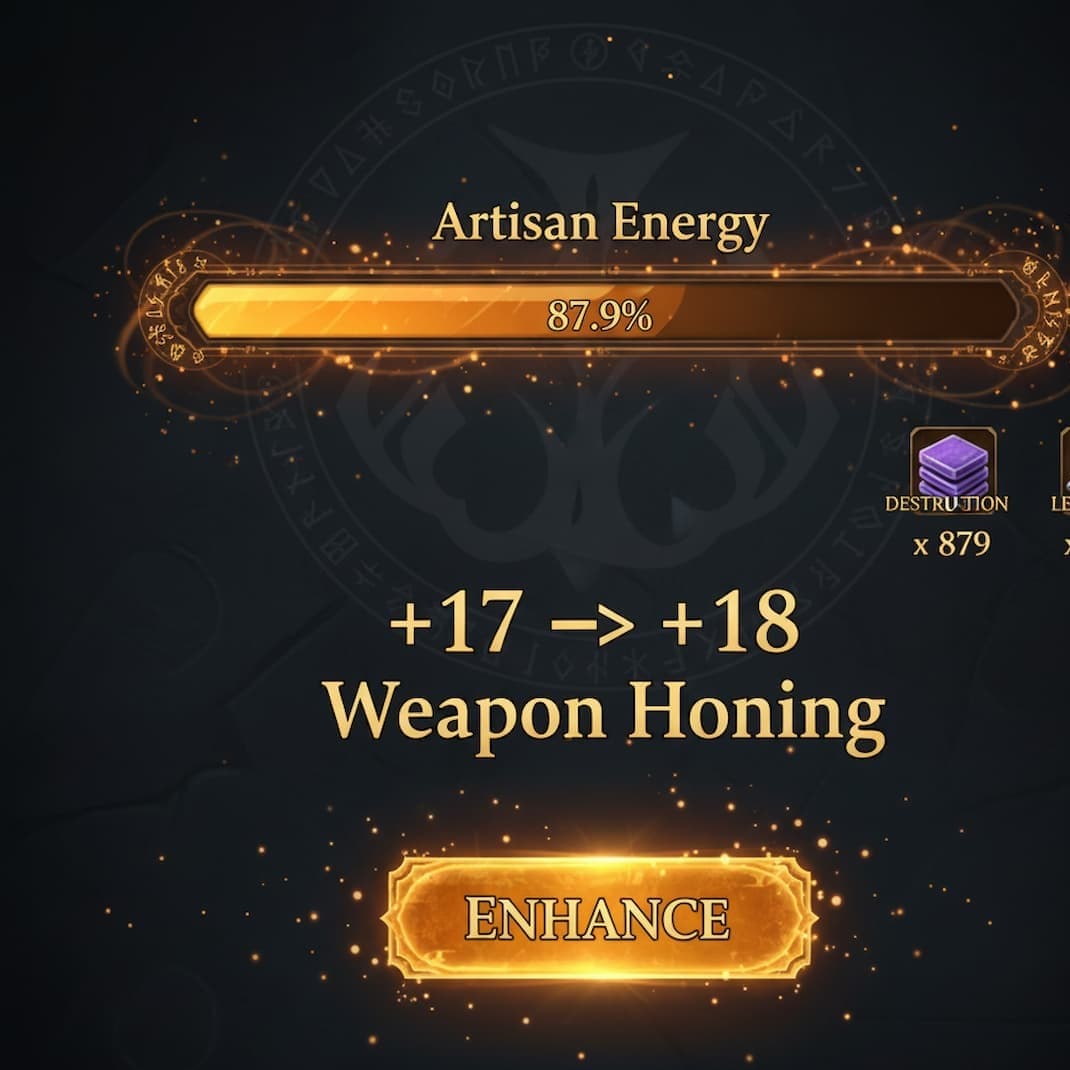 Lost Ark honing interface showing artisan energy bar at 87.9% after multiple failed attempts