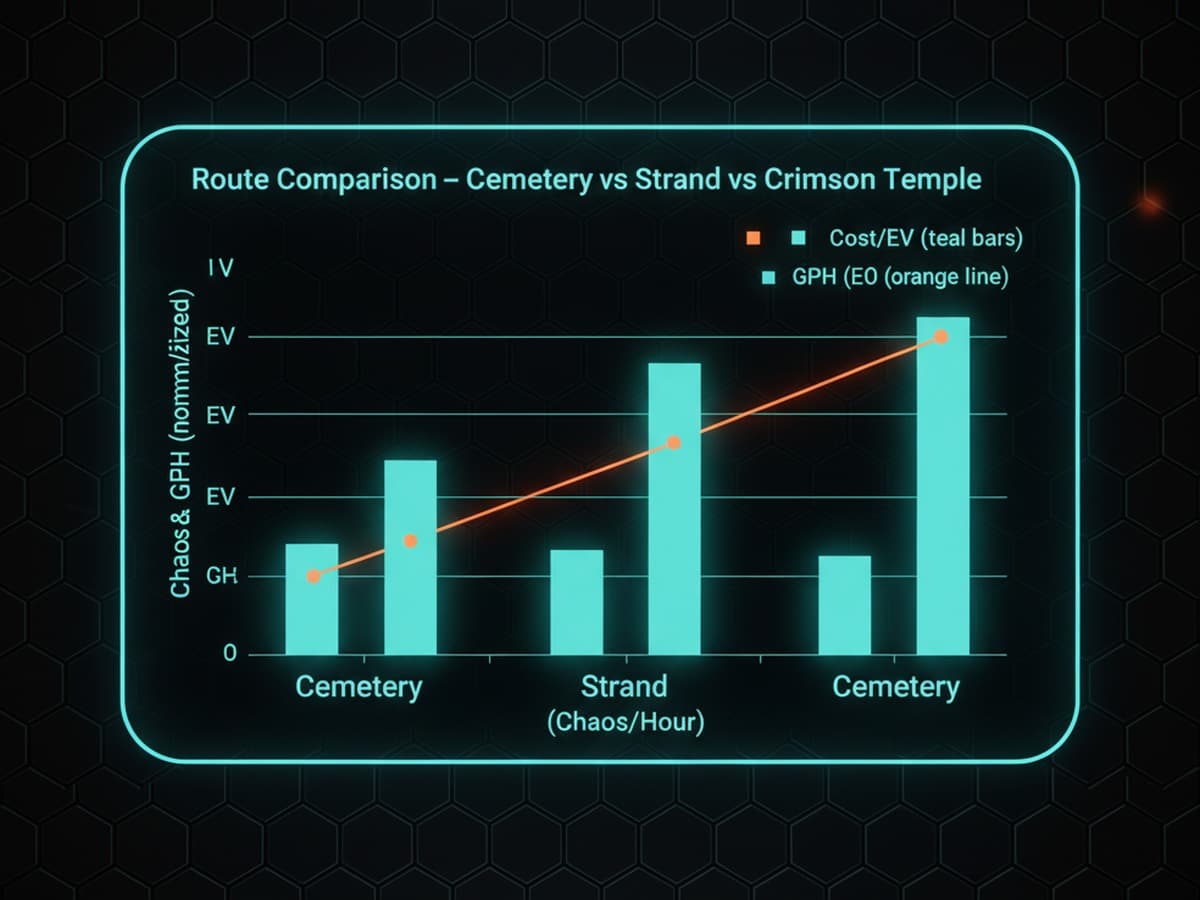 Route comparison — Cemetery vs Strand vs Crimson Temple: cost, EV, and GPH