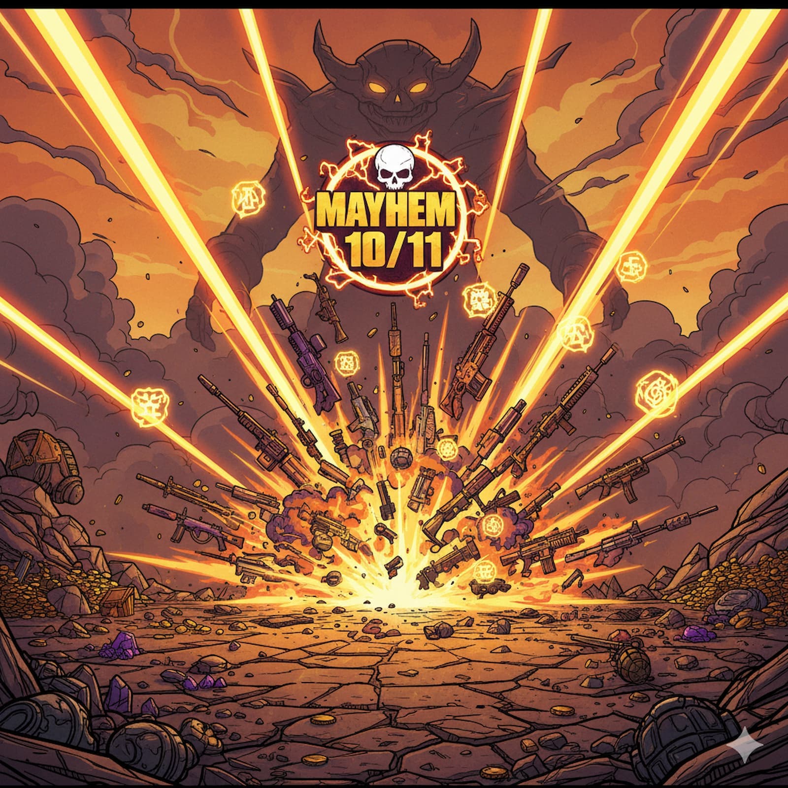 Borderlands 3 vault hunter examining legendary weapons with orange glow and anointment effects