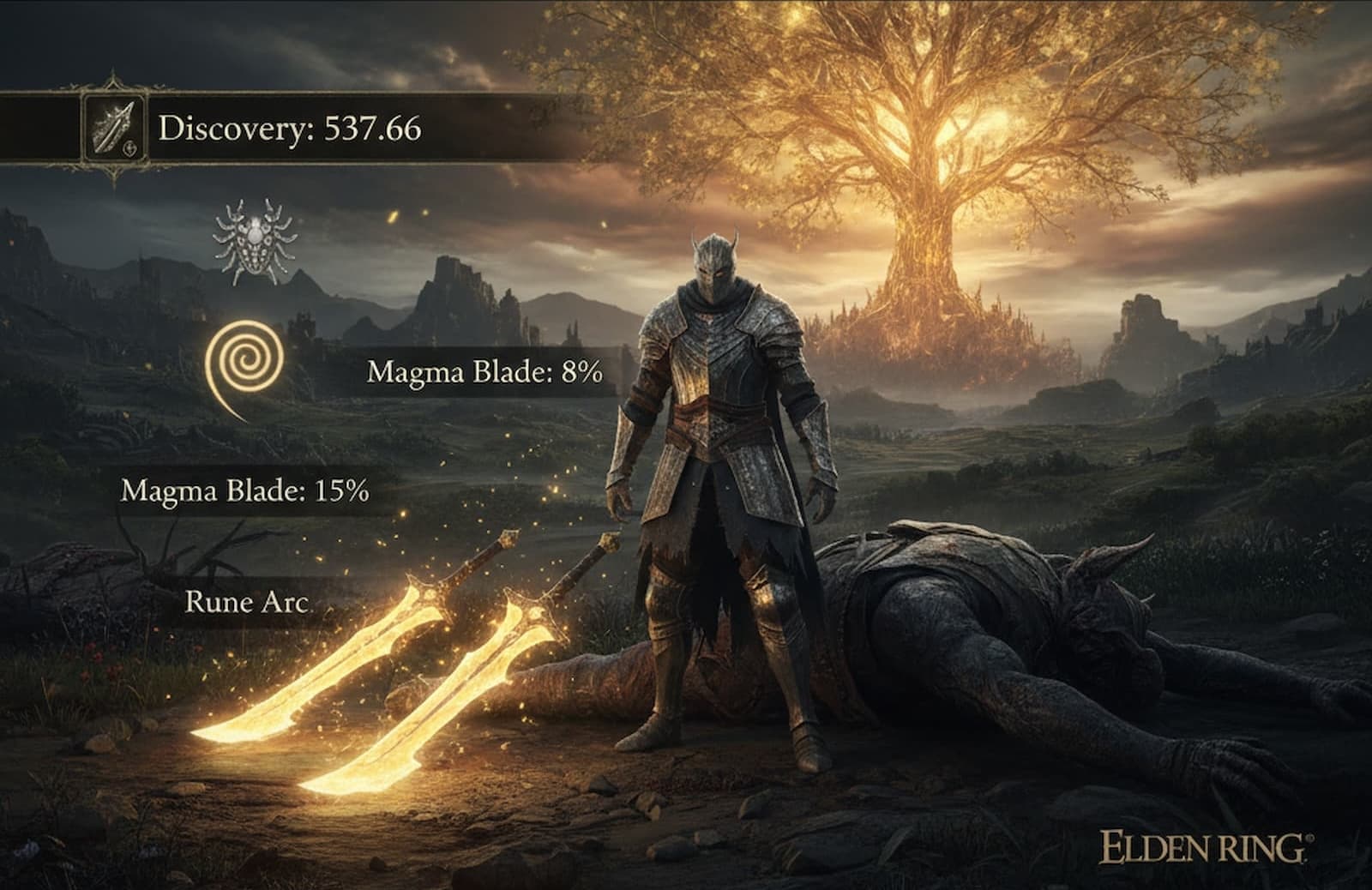 Elden Ring Tarnished character with high Discovery stat examining rare weapon drops in golden light