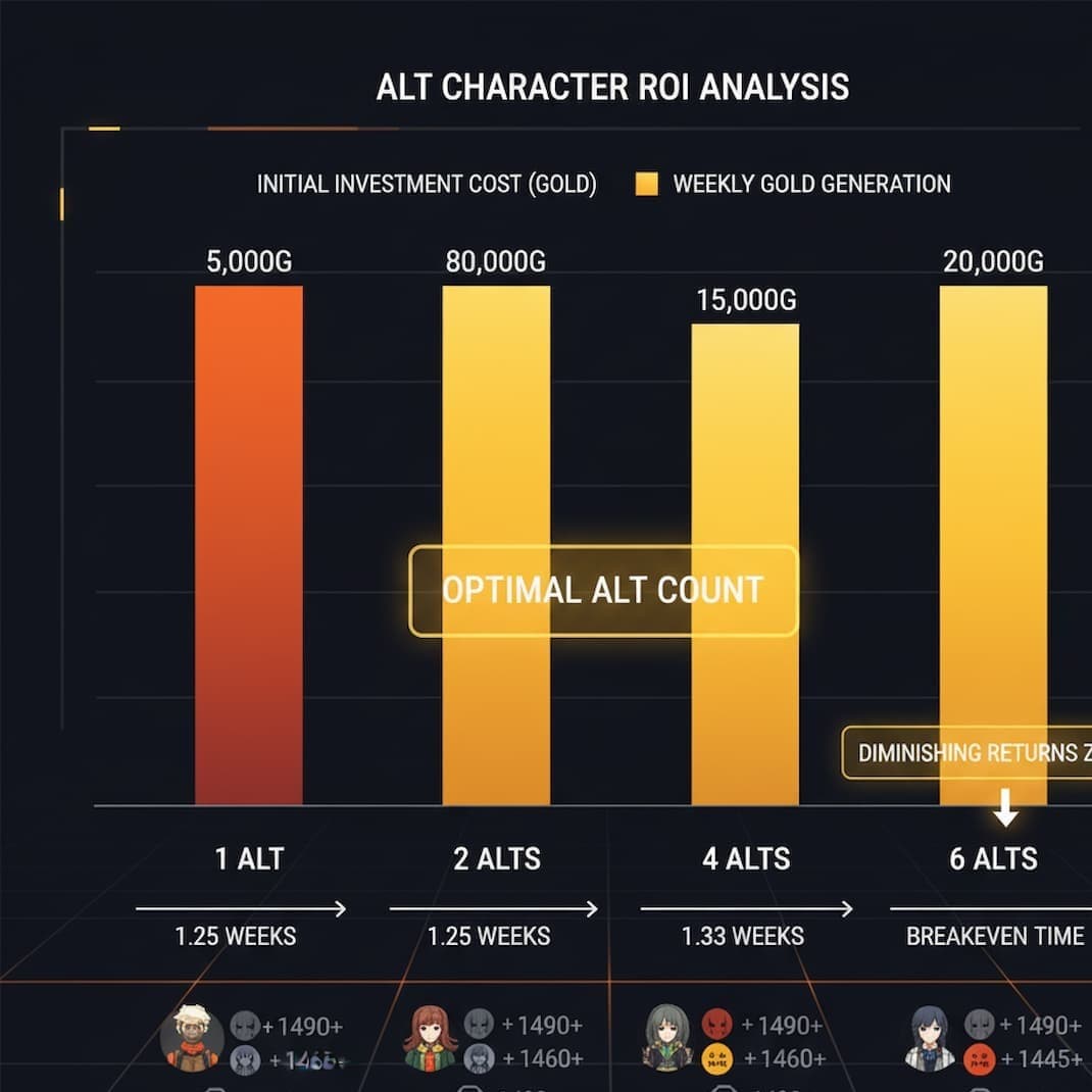 Bar chart analyzing alt character ROI showing initial investment costs vs weekly gold generation, with optimal alt count zone and diminishing returns breakpoint marked