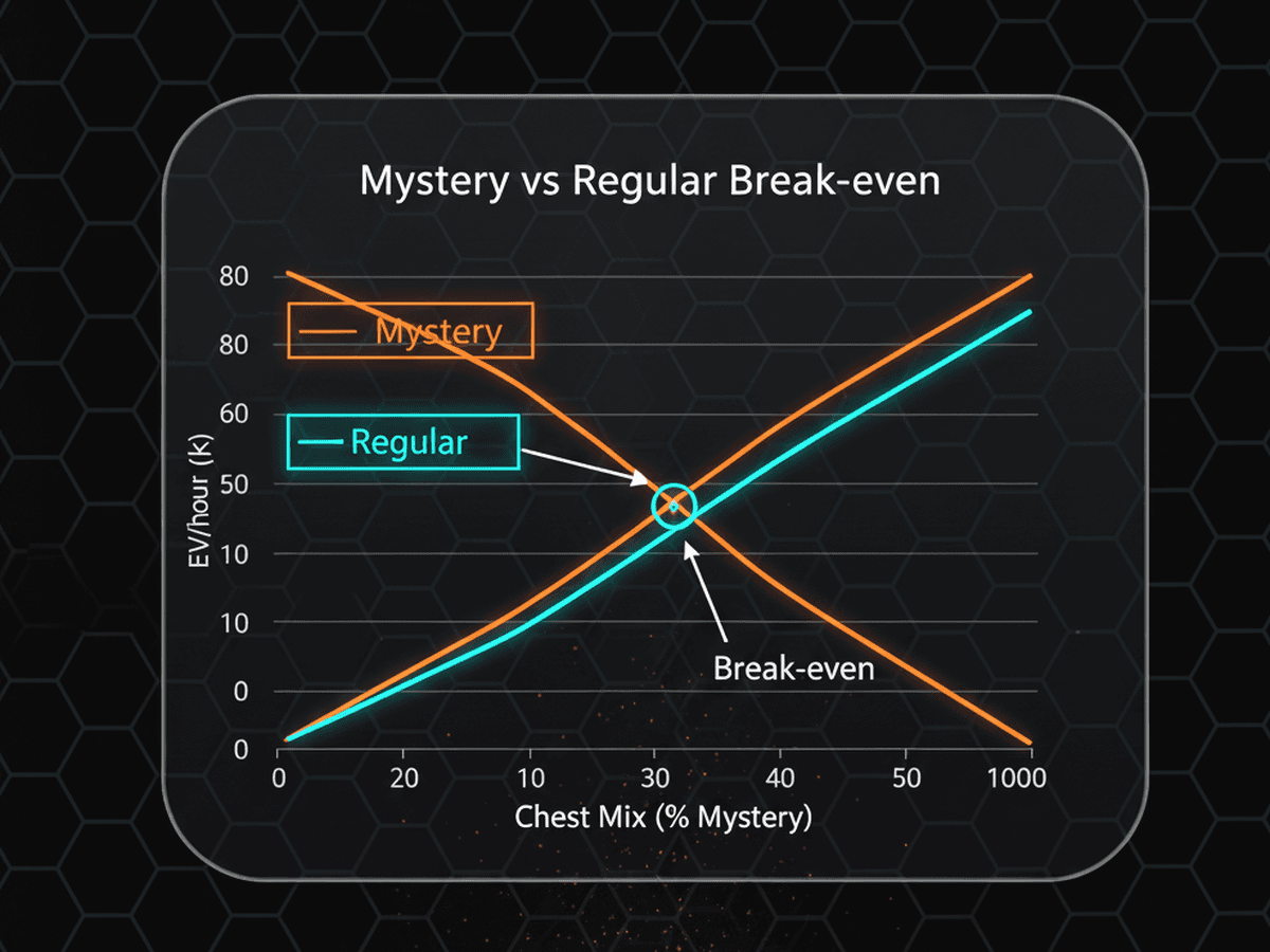 Break-even chest mix between Mystery and Regular in Diablo 4 Helltide EV/hour