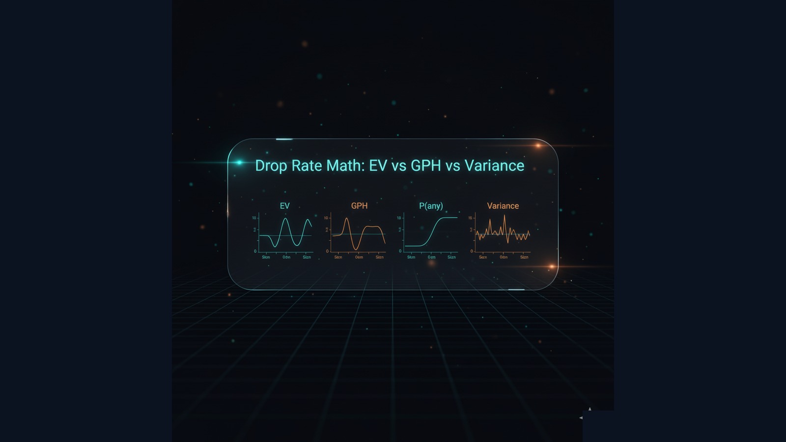Drop rate math dashboard with EV, GPH, P(any) and variance charts